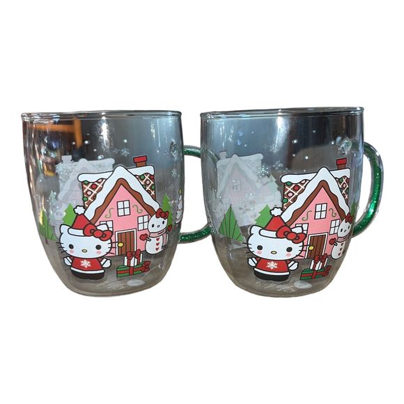 2 HELLO KITTY Glass MUGS Gingerbread House Snowman Christmas Glitter Handle NEW - Picture 1 of 7